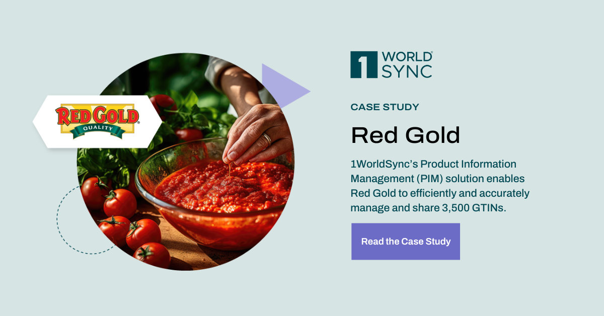 1WorldSync Case Study: Red Gold. A hand stirs tomato sauce in a bowl, with the Red Gold logo and text about PIM solution for managing GTINs.