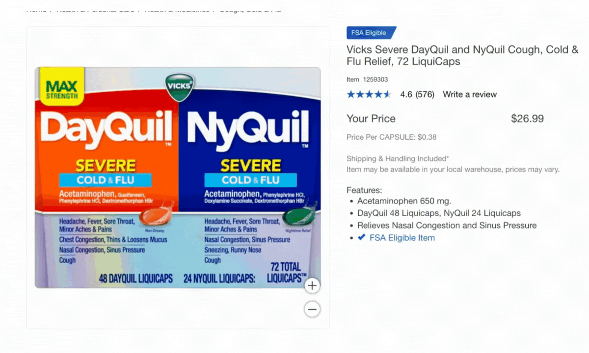 GIF image of Vicks DayQuil and NyQuil Severe Flu Medicine Product Display Page featuring Rich Content 