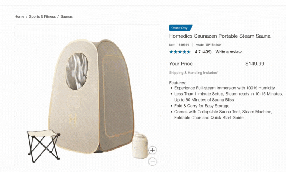 GIF image of Homedics Saunazen Product Display Page featuring Rich Content