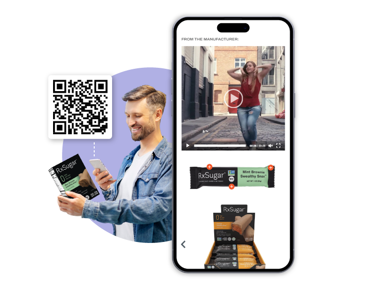 An illustrative graphic demonstrating the 2D barcode consumer experience. On the left, a man scans a QR code from an RxSugar package with his smartphone. On the right, a large phone screen displays the resulting mobile landing page, which features rich content from the manufacturer including a product video, images of different product flavors, and other brand information.